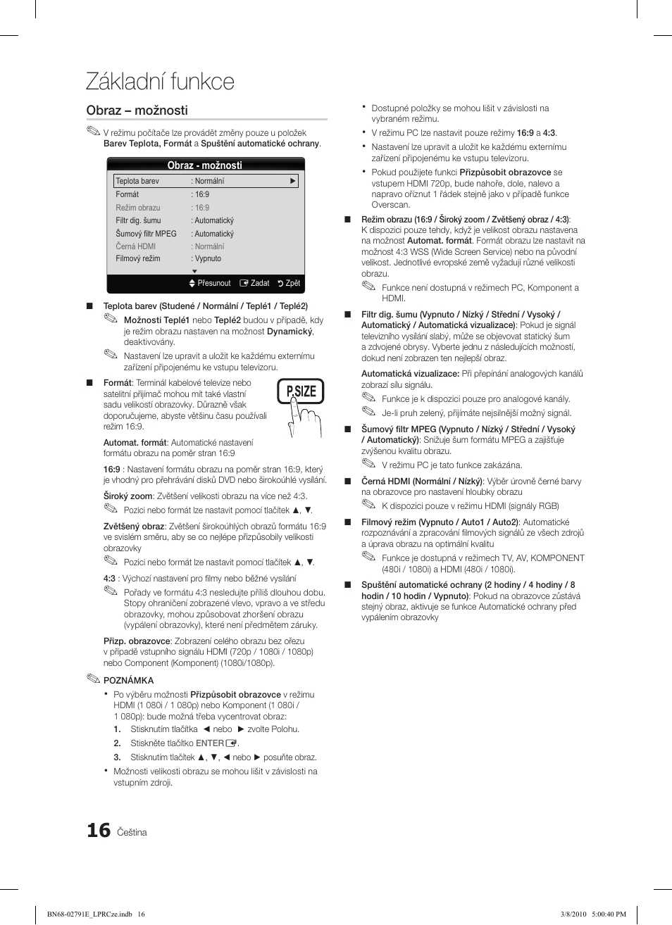 Základní funkce, Obraz – možnosti | Samsung LE46C570J1S User Manual | Page 310 / 491