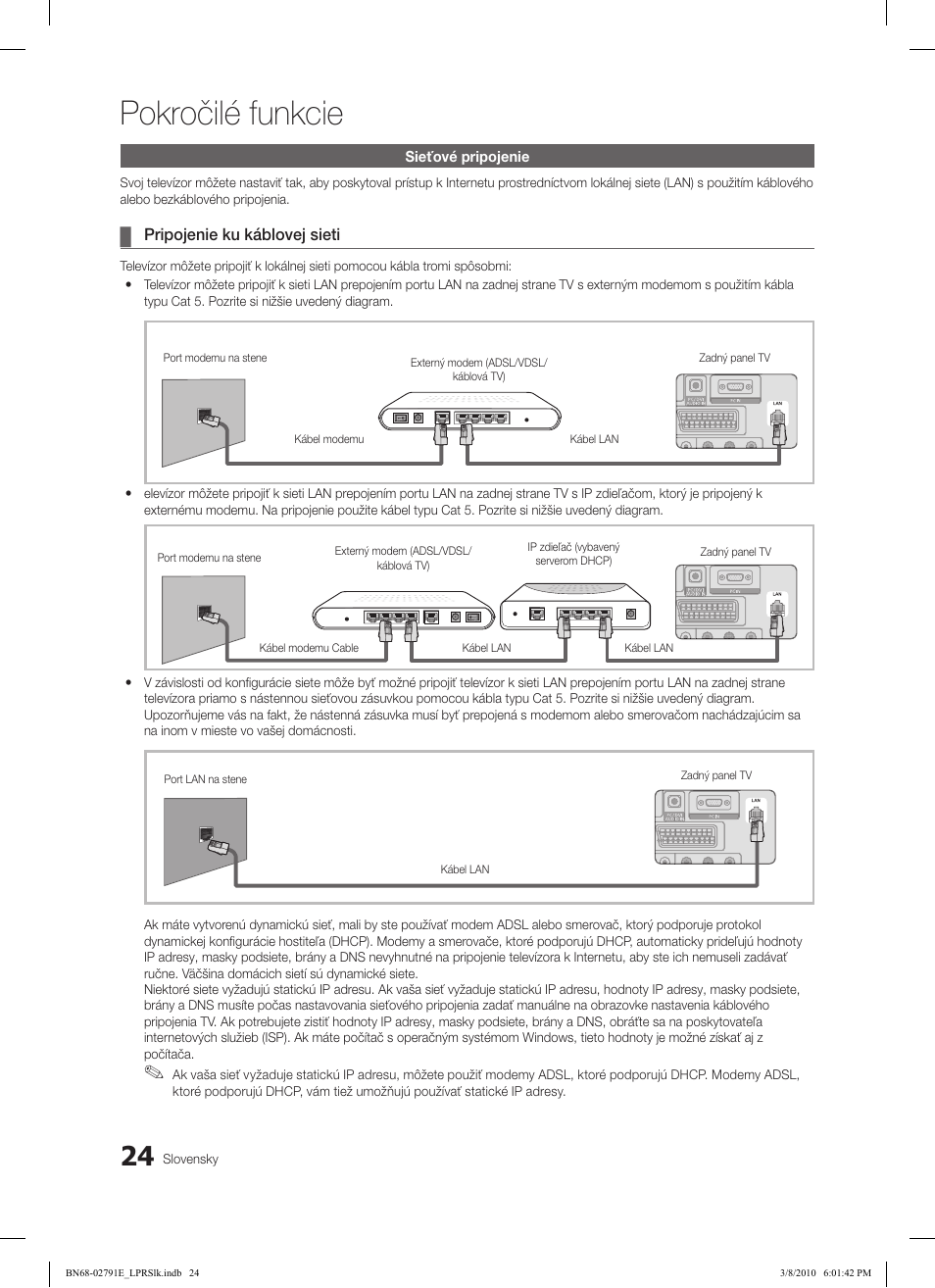 Pokročilé funkcie, Pripojenie ku káblovej sieti | Samsung LE46C570J1S User Manual | Page 367 / 491