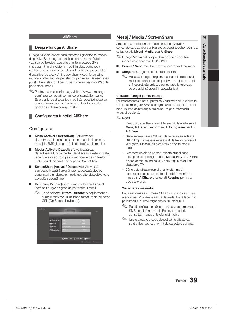 Configurare, Mesaj / media / screenshare | Samsung LE46C570J1S User Manual | Page 431 / 491