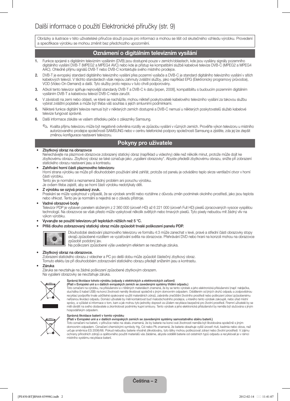 Oznámení o digitálním televizním vysílání, Pokyny pro uživatele | Samsung PS51E450A1W User Manual | Page 14 / 109