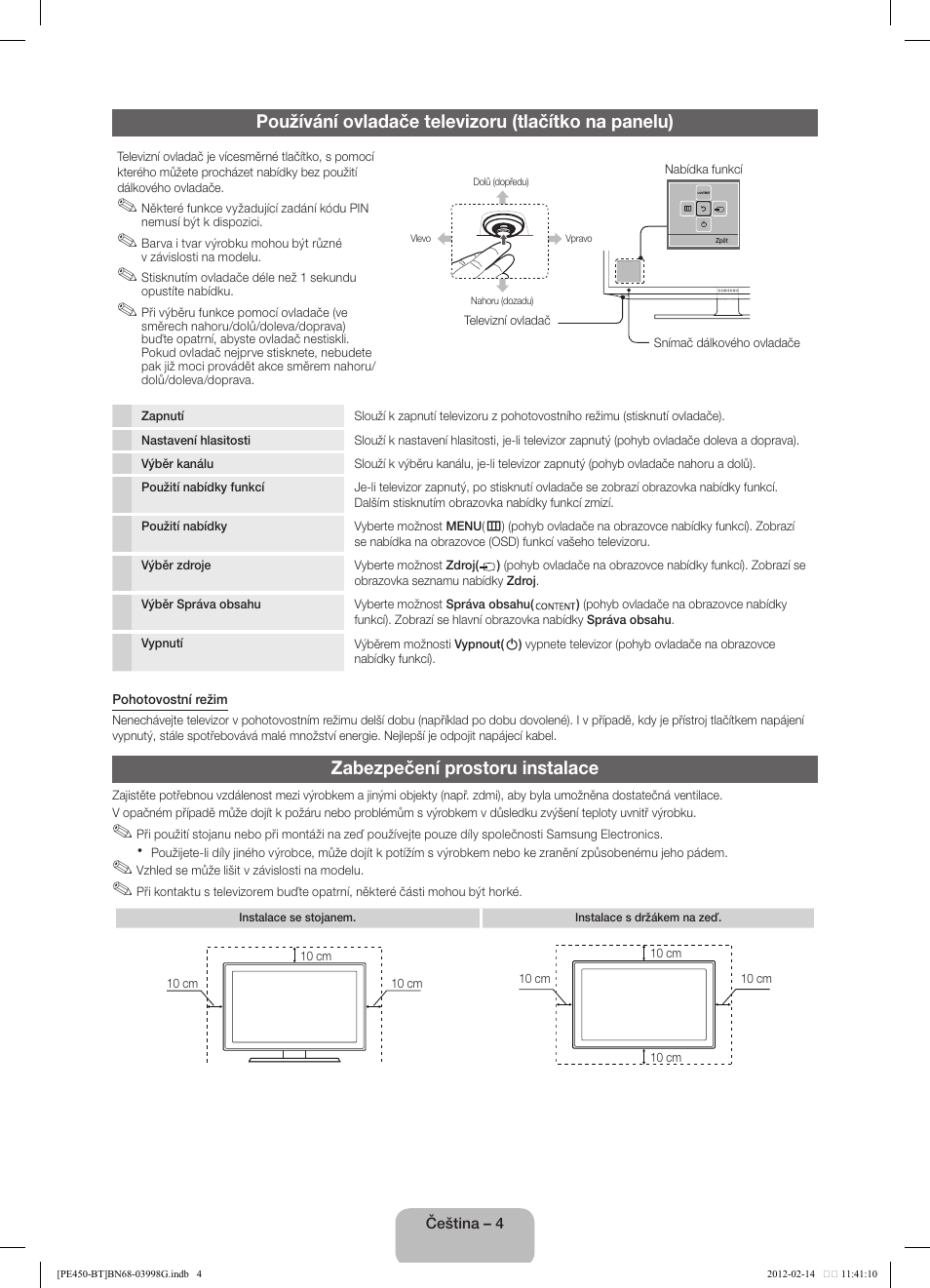 Používání ovladače televizoru (tlačítko na panelu), Zabezpečení prostoru instalace | Samsung PS51E450A1W User Manual | Page 16 / 109