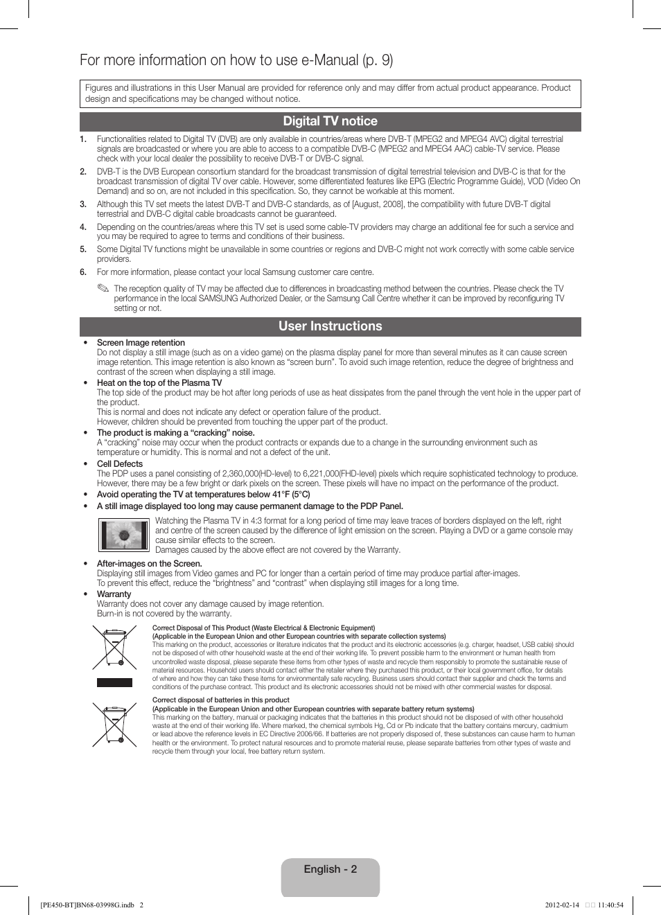 For more information on how to use e-manual (p. 9), Digital tv notice, User instructions | Samsung PS51E450A1W User Manual | Page 2 / 109