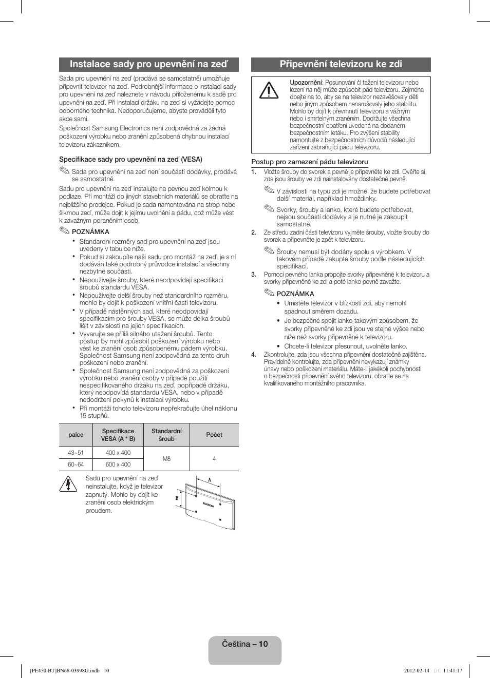 Instalace sady pro upevnění na zeď, Připevnění televizoru ke zdi | Samsung PS51E450A1W User Manual | Page 22 / 109