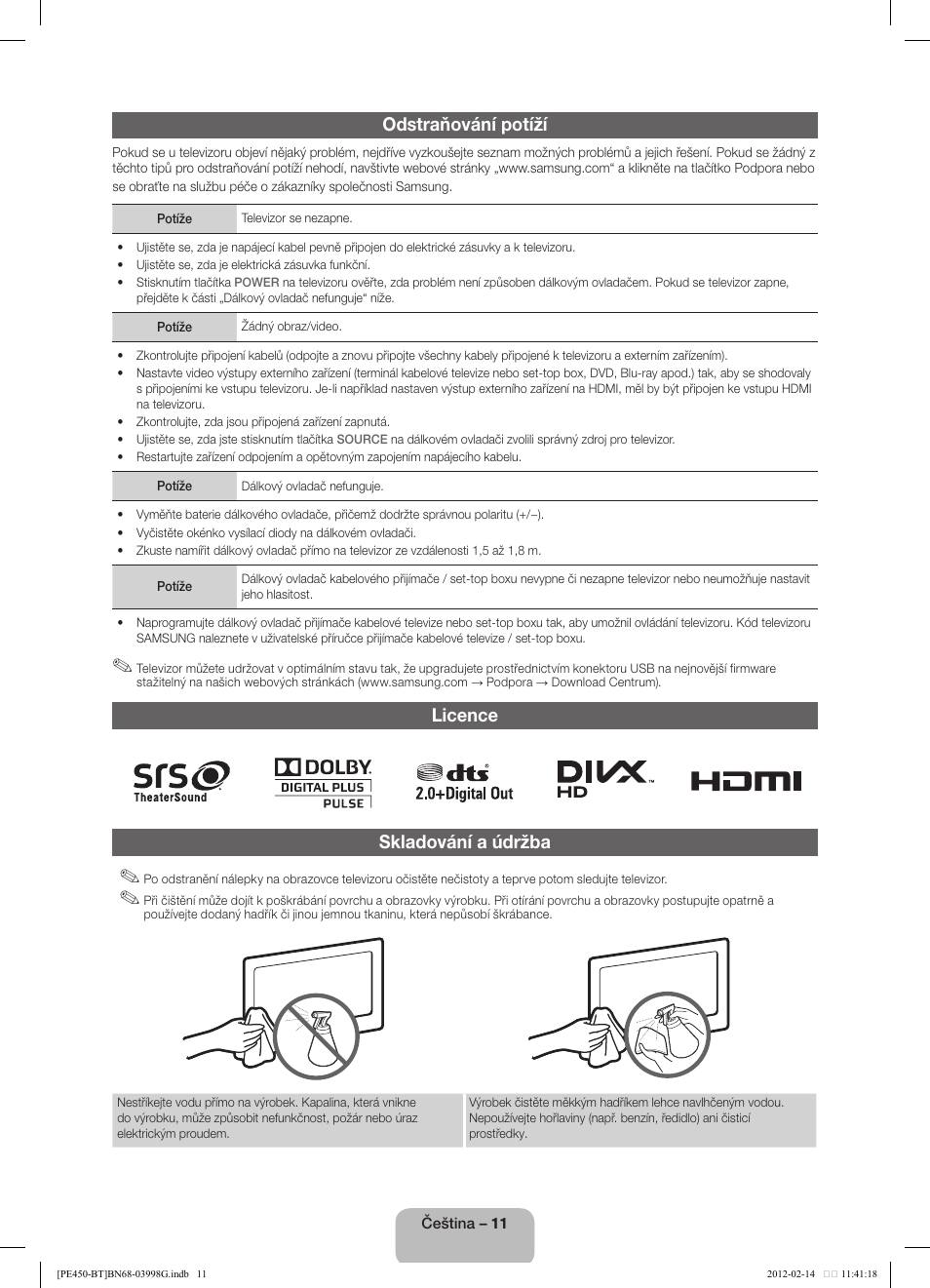 Odstraňování potíží, Licence skladování a údržba | Samsung PS51E450A1W User Manual | Page 23 / 109