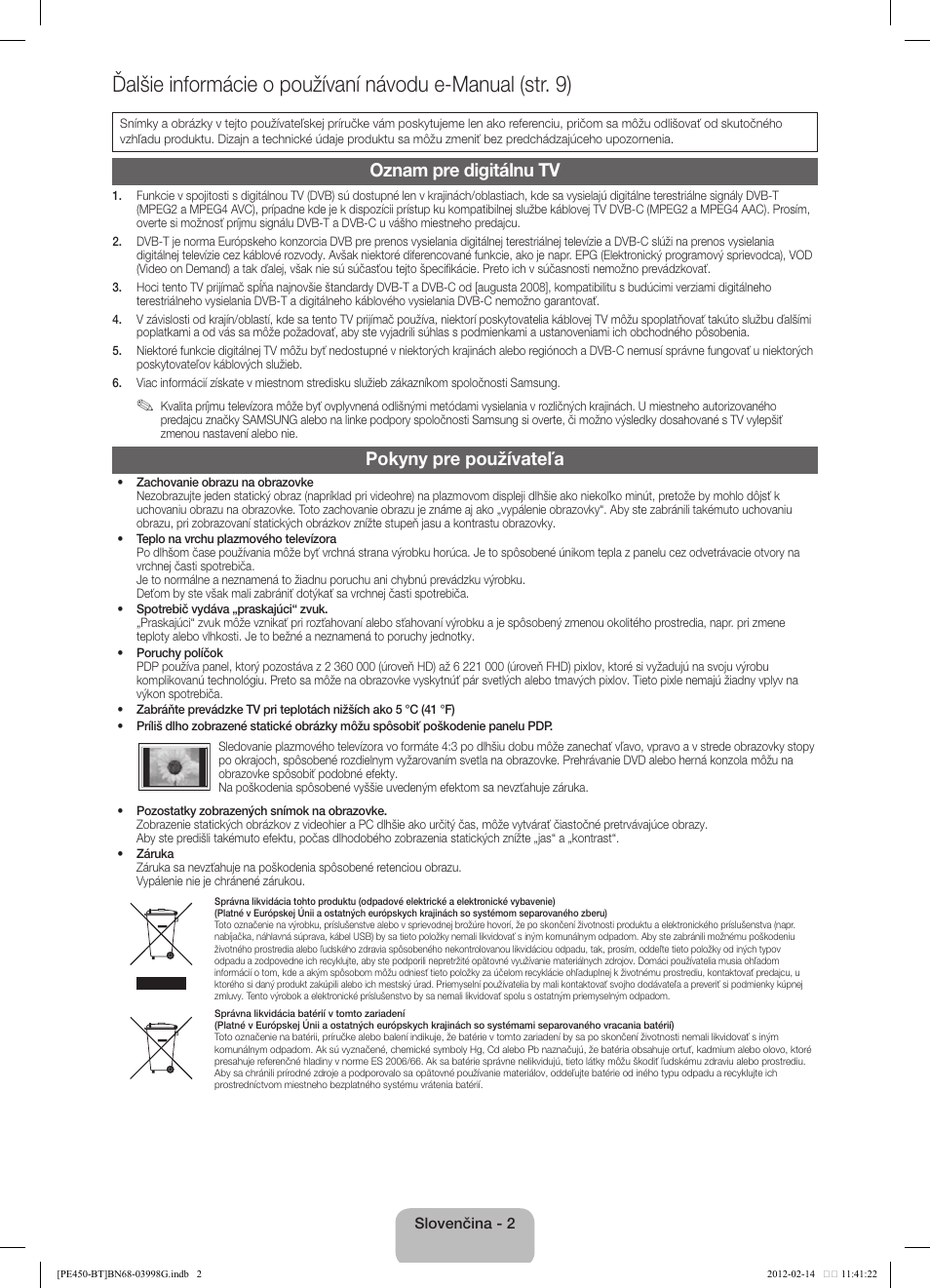 Oznam pre digitálnu tv, Pokyny pre používateľa | Samsung PS51E450A1W User Manual | Page 26 / 109