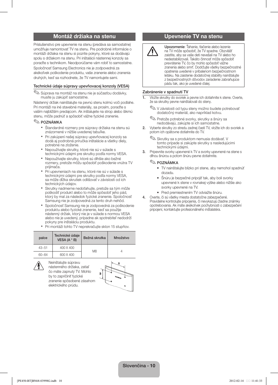 Montáž držiaka na stenu, Upevnenie tv na stenu | Samsung PS51E450A1W User Manual | Page 34 / 109