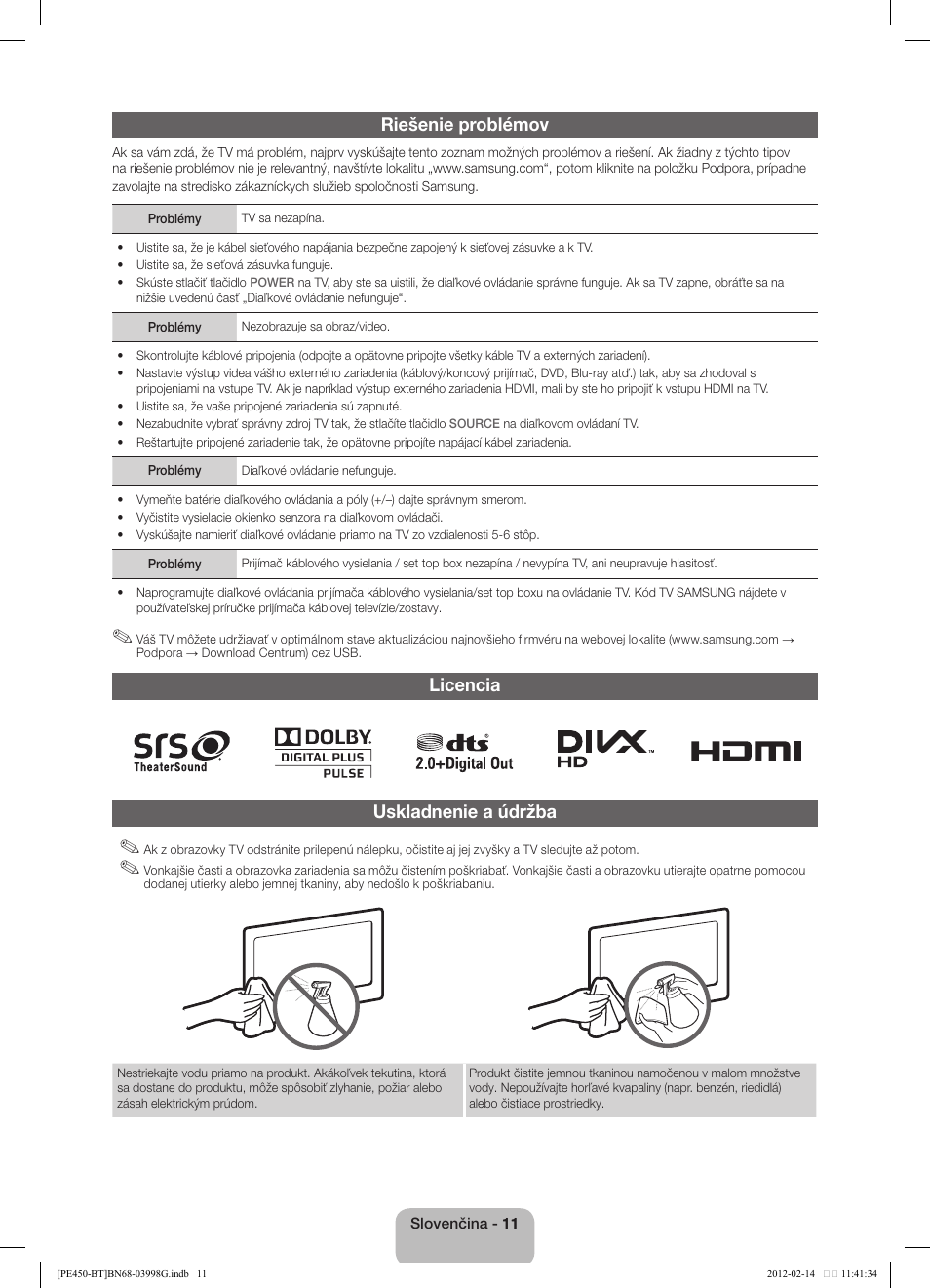 Riešenie problémov, Licencia uskladnenie a údržba | Samsung PS51E450A1W User Manual | Page 35 / 109