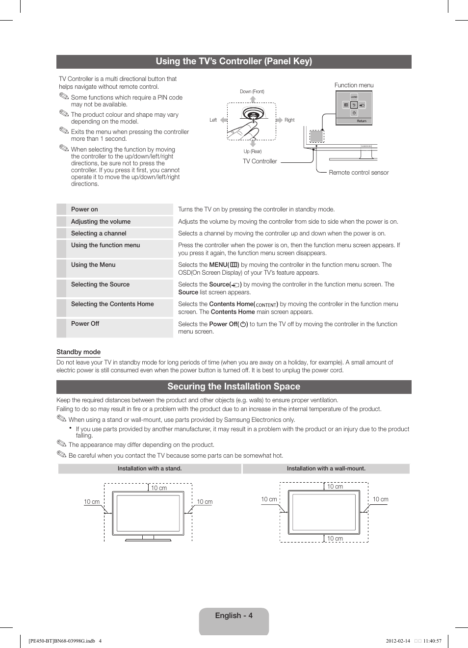 Using the tv’s controller (panel key), Securing the installation space | Samsung PS51E450A1W User Manual | Page 4 / 109