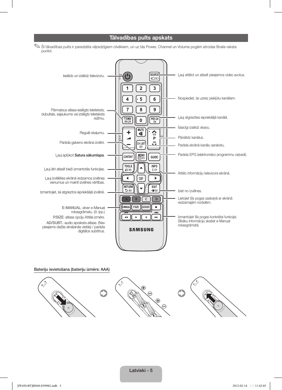 Tālvadības pults apskats | Samsung PS51E450A1W User Manual | Page 53 / 109