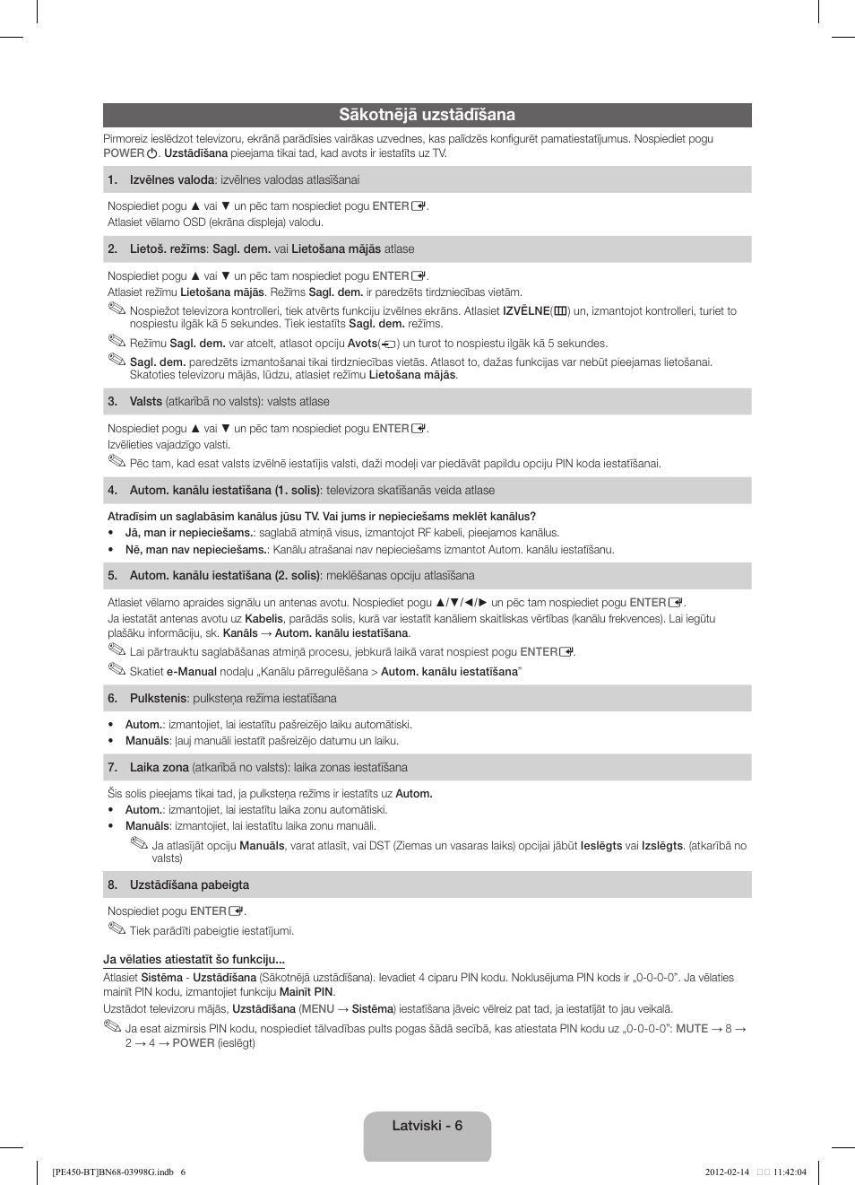 Sākotnējā uzstādīšana | Samsung PS51E450A1W User Manual | Page 54 / 109