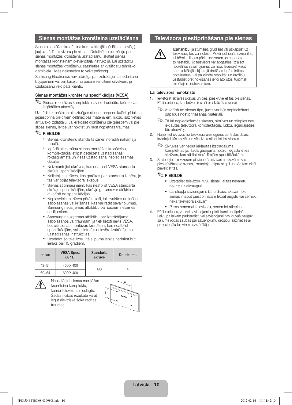 Sienas montāžas kronšteina uzstādīšana, Televizora piestiprināšana pie sienas | Samsung PS51E450A1W User Manual | Page 58 / 109