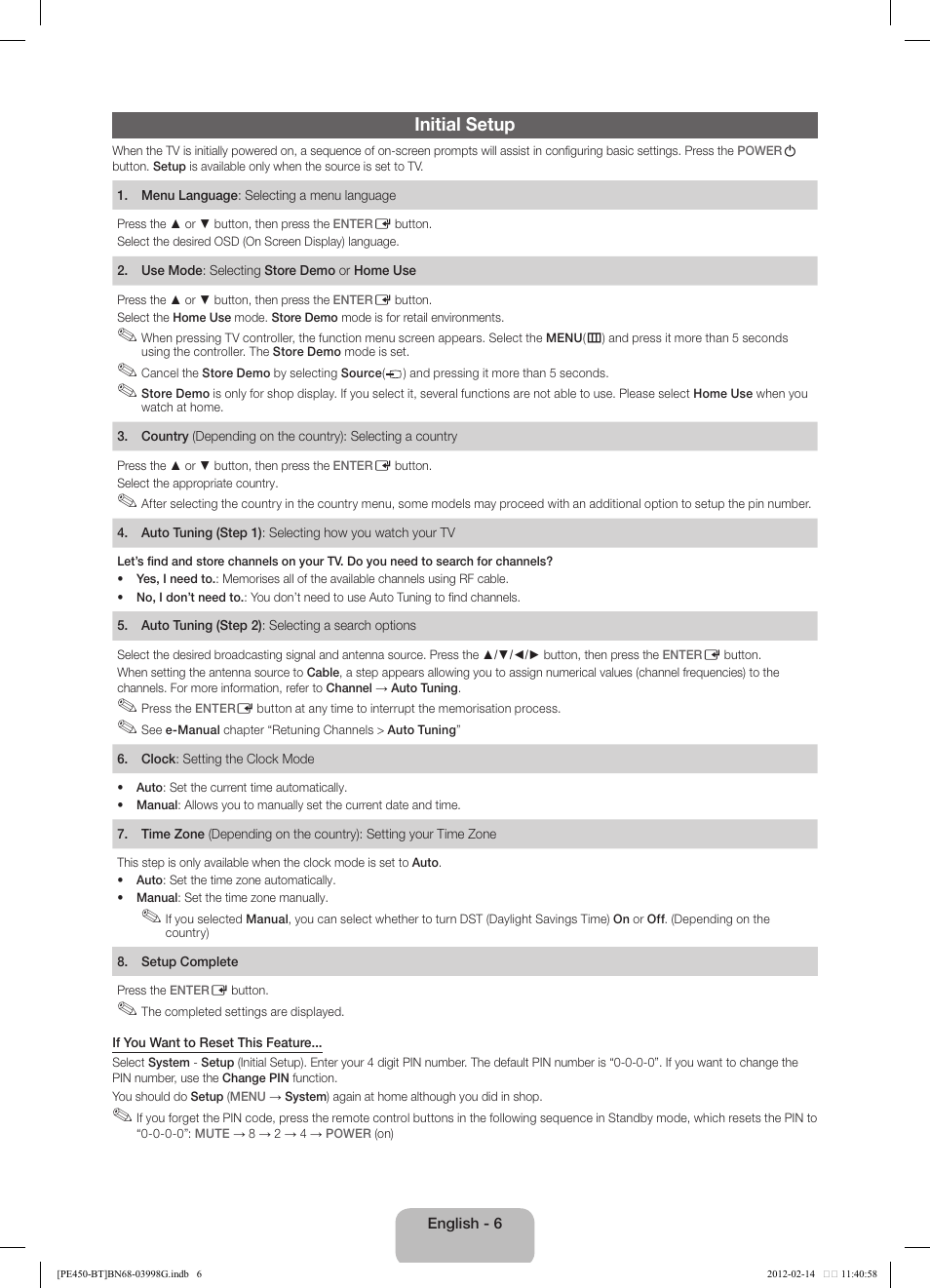 Initial setup | Samsung PS51E450A1W User Manual | Page 6 / 109