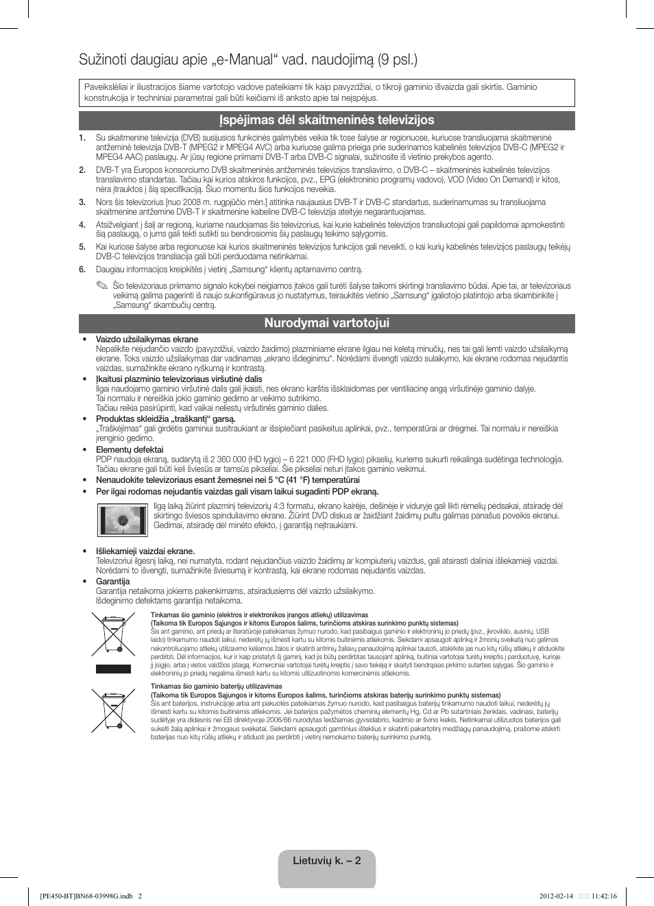 Įspėjimas dėl skaitmeninės televizijos, Nurodymai vartotojui | Samsung PS51E450A1W User Manual | Page 62 / 109
