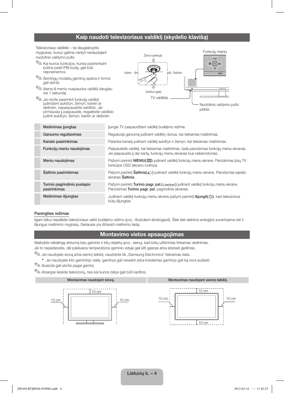 Montavimo vietos apsaugojimas | Samsung PS51E450A1W User Manual | Page 64 / 109