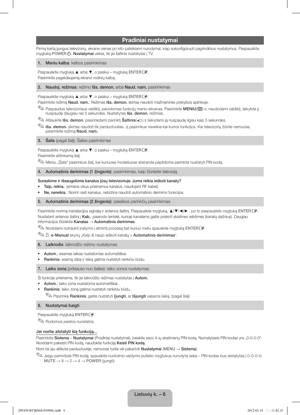 Pradiniai nustatymai | Samsung PS51E450A1W User Manual | Page 66 / 109