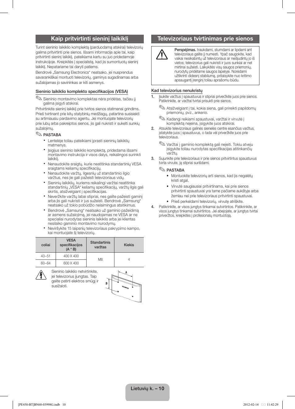 Kaip pritvirtinti sieninį laikiklį, Televizoriaus tvirtinimas prie sienos | Samsung PS51E450A1W User Manual | Page 70 / 109