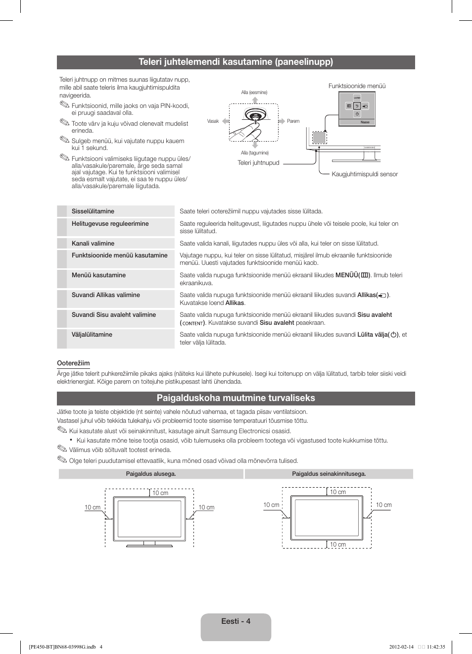 Teleri juhtelemendi kasutamine (paneelinupp), Paigalduskoha muutmine turvaliseks | Samsung PS51E450A1W User Manual | Page 76 / 109