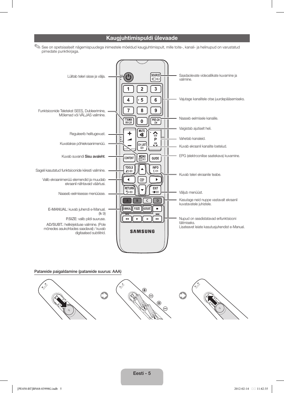 Kaugjuhtimispuldi ülevaade | Samsung PS51E450A1W User Manual | Page 77 / 109