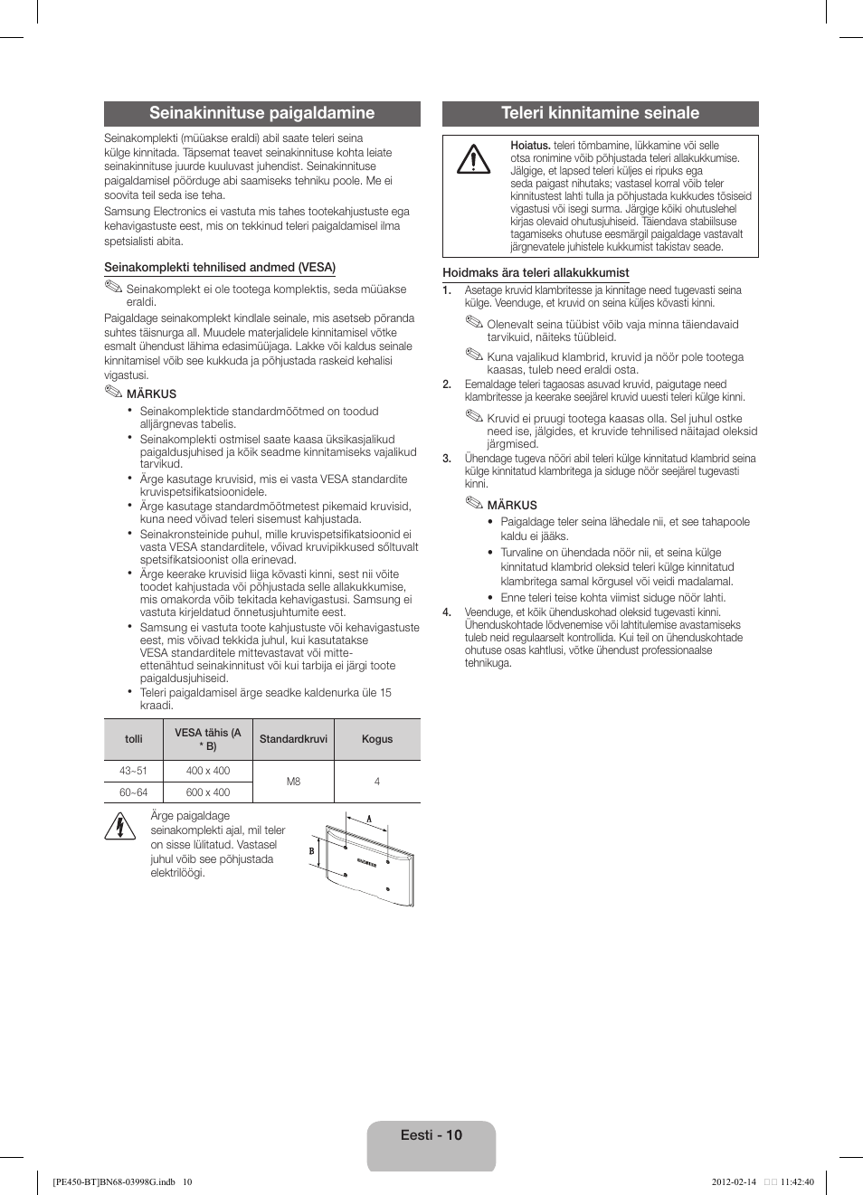 Seinakinnituse paigaldamine, Teleri kinnitamine seinale | Samsung PS51E450A1W User Manual | Page 82 / 109