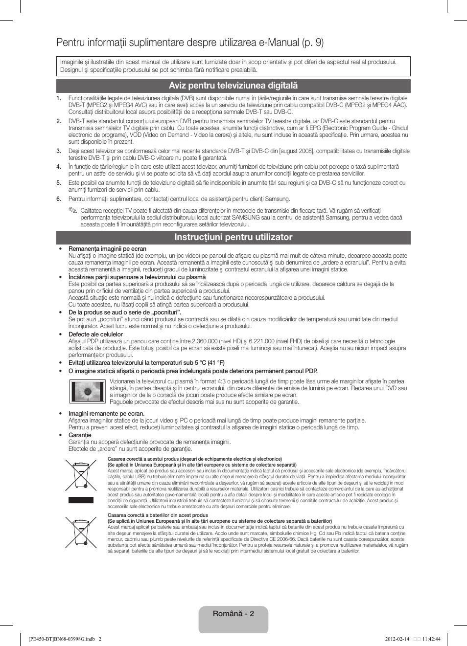 Aviz pentru televiziunea digitală, Instrucţiuni pentru utilizator | Samsung PS51E450A1W User Manual | Page 86 / 109