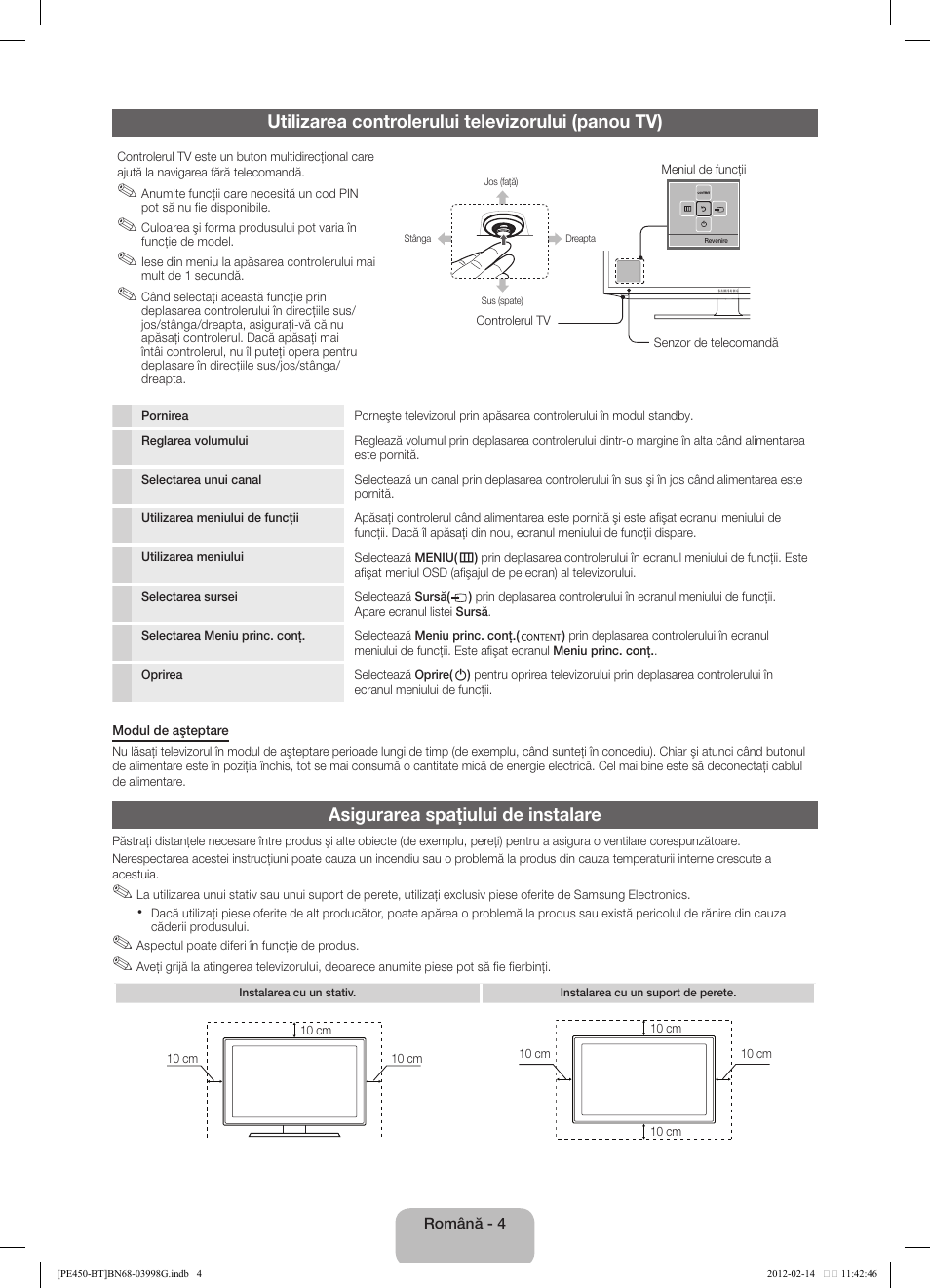 Utilizarea controlerului televizorului (panou tv), Asigurarea spaţiului de instalare | Samsung PS51E450A1W User Manual | Page 88 / 109