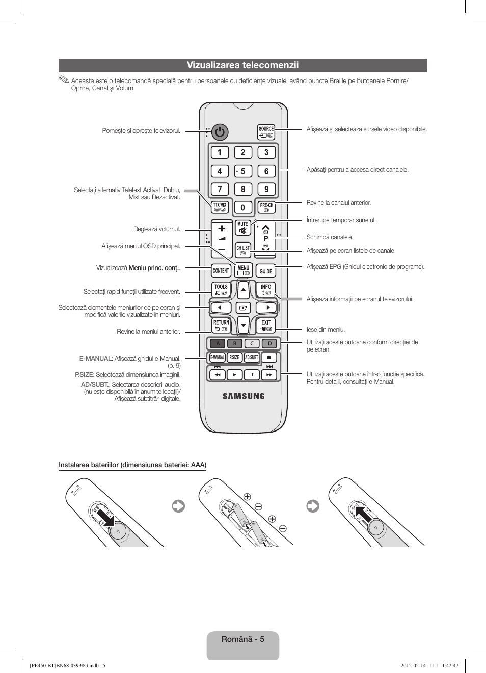 Vizualizarea telecomenzii | Samsung PS51E450A1W User Manual | Page 89 / 109