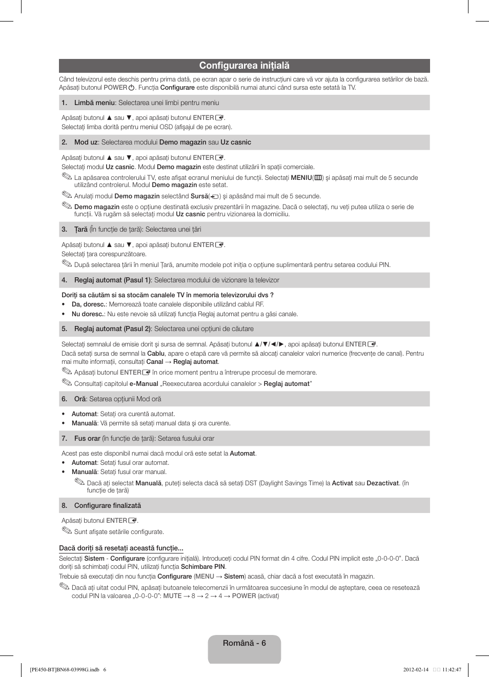Configurarea iniţială | Samsung PS51E450A1W User Manual | Page 90 / 109
