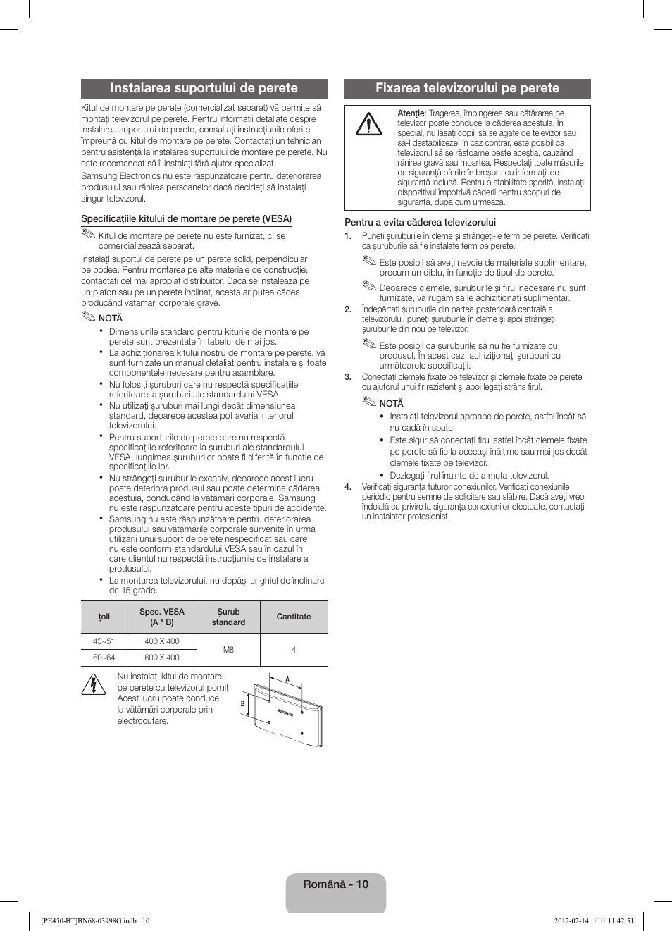 Instalarea suportului de perete, Fixarea televizorului pe perete | Samsung PS51E450A1W User Manual | Page 94 / 109