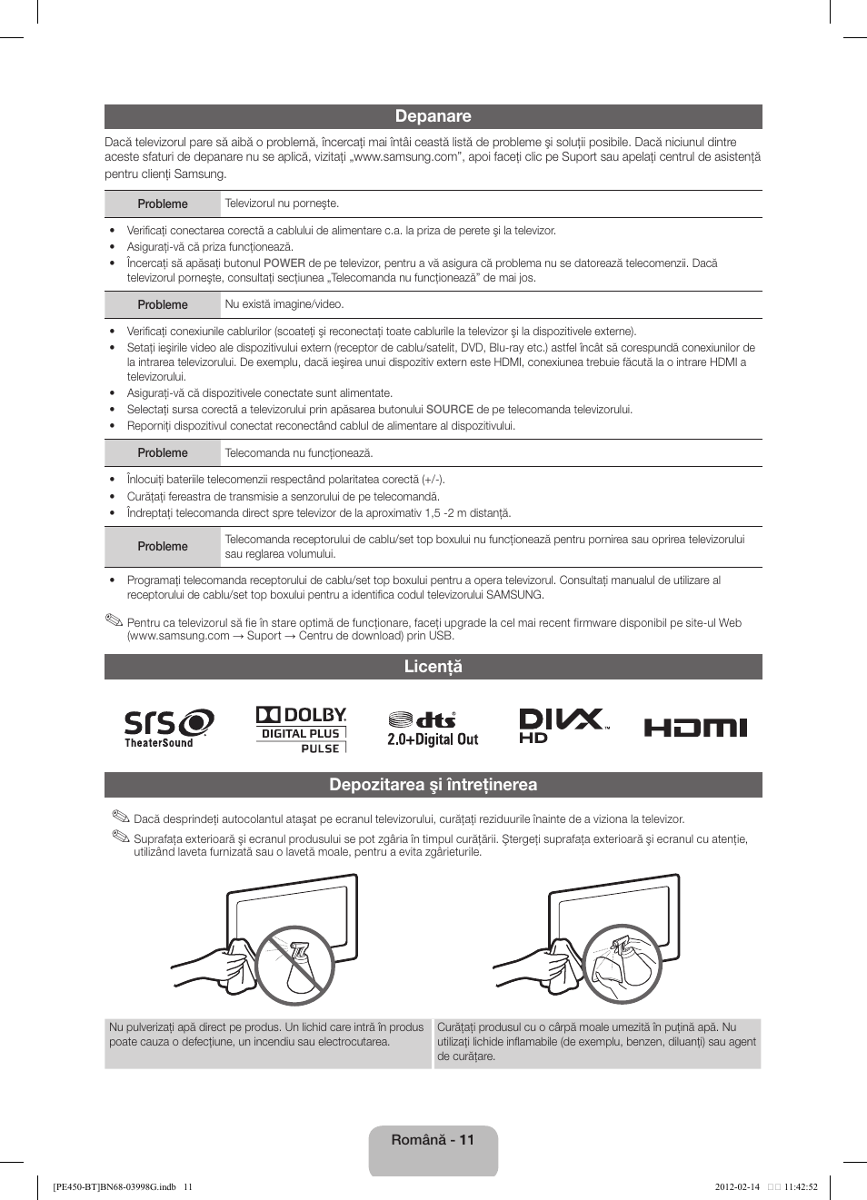 Depanare, Licenţă depozitarea şi întreţinerea | Samsung PS51E450A1W User Manual | Page 95 / 109