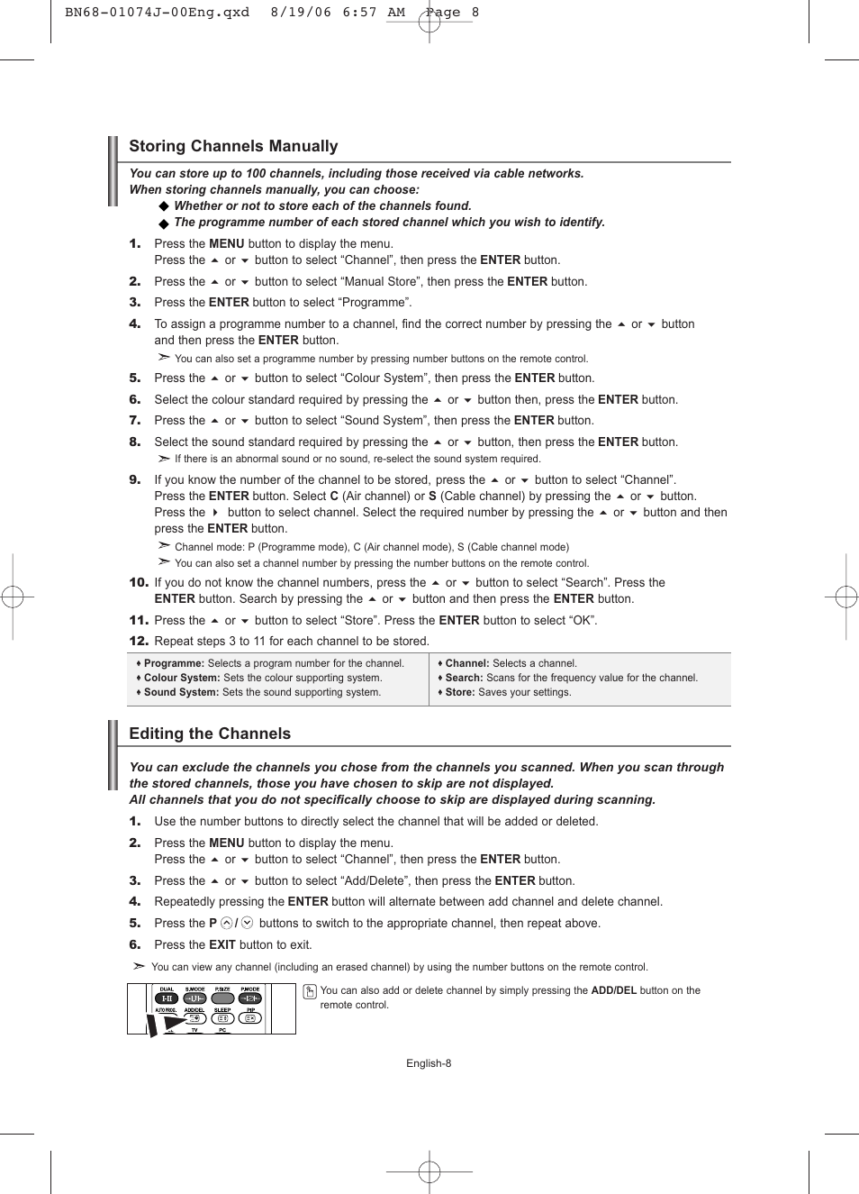 Storing channels manually, Editing the channels | Samsung LE23R71W User Manual | Page 10 / 171