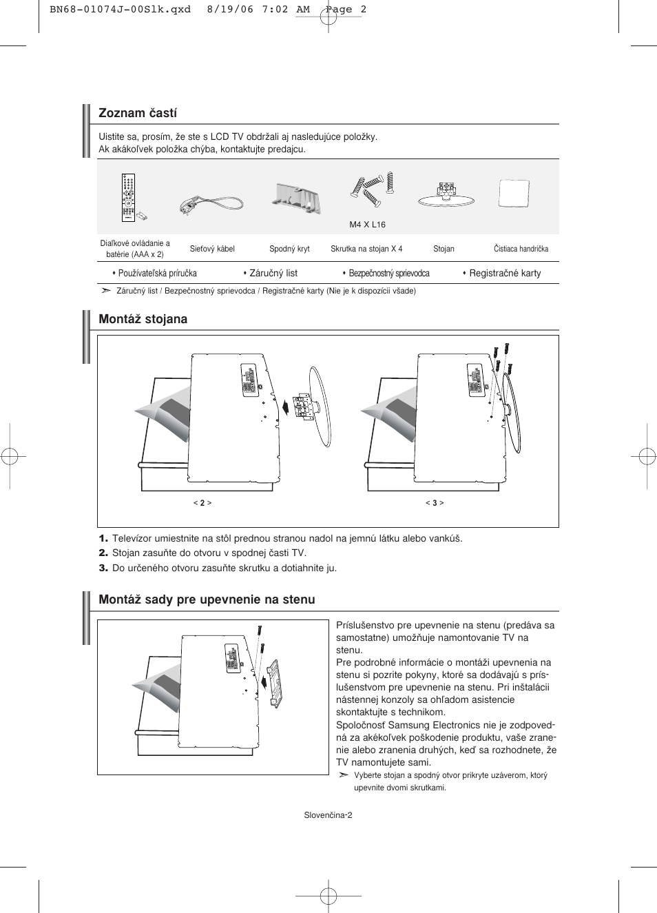 Zoznam ãastí, Montáï stojana, Montáï sady pre upevnenie na stenu | Samsung LE23R71W User Manual | Page 109 / 171