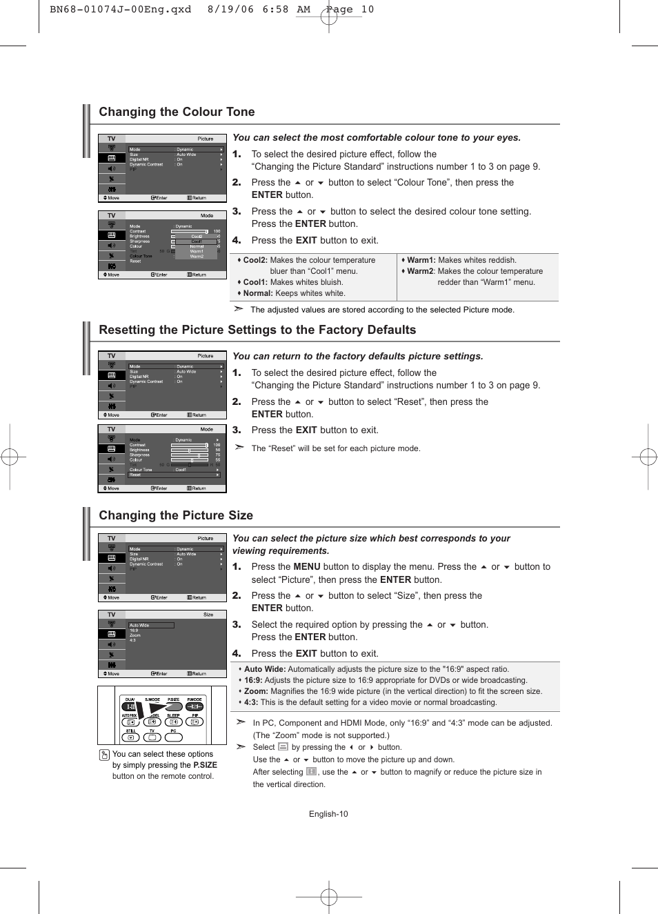 Changing the colour tone, Changing the picture size | Samsung LE23R71W User Manual | Page 12 / 171