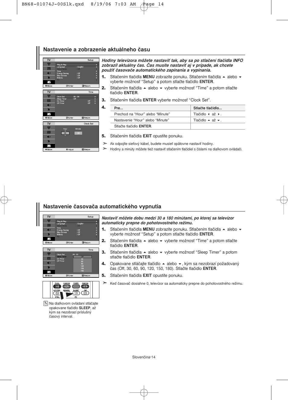 Nastavenie a zobrazenie aktuálneho ãasu, Nastavenie ãasovaãa automatického vypnutia | Samsung LE23R71W User Manual | Page 121 / 171