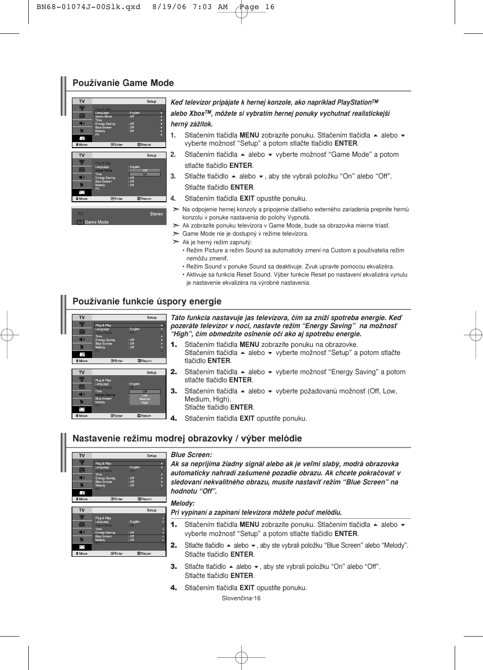 Pouïívanie funkcie úspory energie, Nastavenie reïimu modrej obrazovky / v˘ber melódie, Pouïívanie game mode | Samsung LE23R71W User Manual | Page 123 / 171