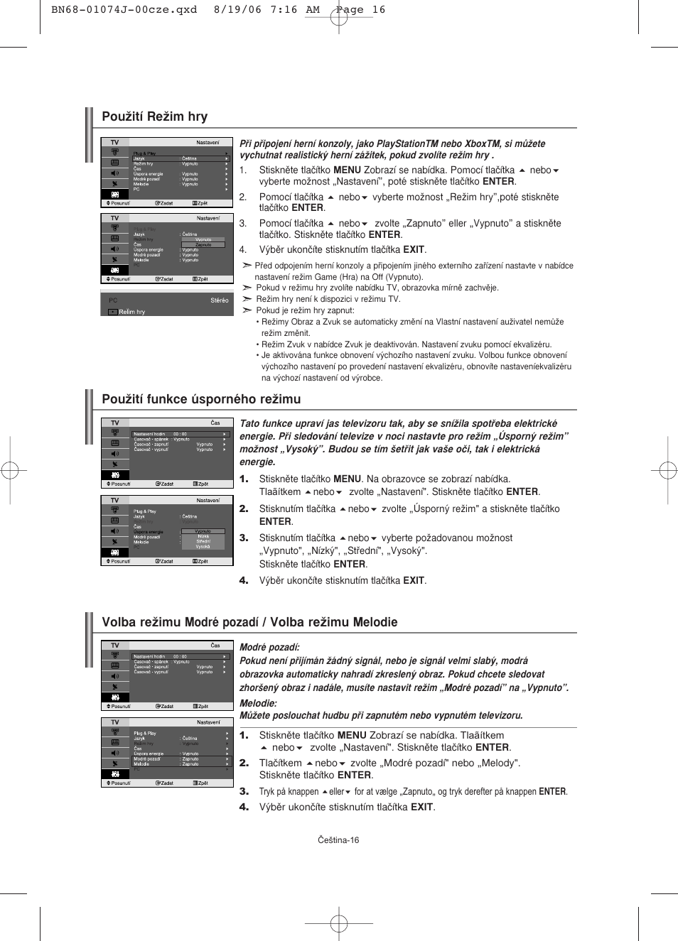 Pouïití funkce úsporného reïimu, Pouïití reïim hry, Volba reïimu modré pozadí / volba reïimu melodie | Samsung LE23R71W User Manual | Page 165 / 171