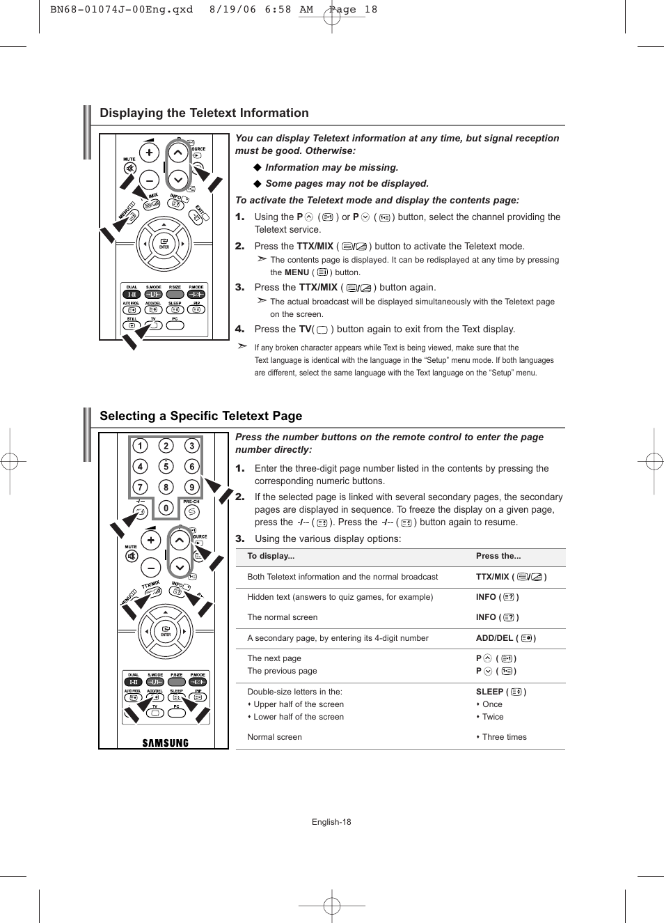 Displaying the teletext information, Selecting a specific teletext page | Samsung LE23R71W User Manual | Page 20 / 171