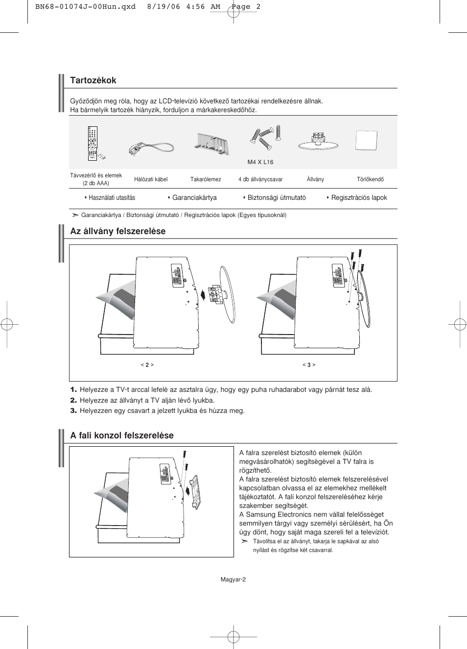Tartozékok, Az állvány felszerelése, A fali konzol felszerelése | Samsung LE23R71W User Manual | Page 25 / 171