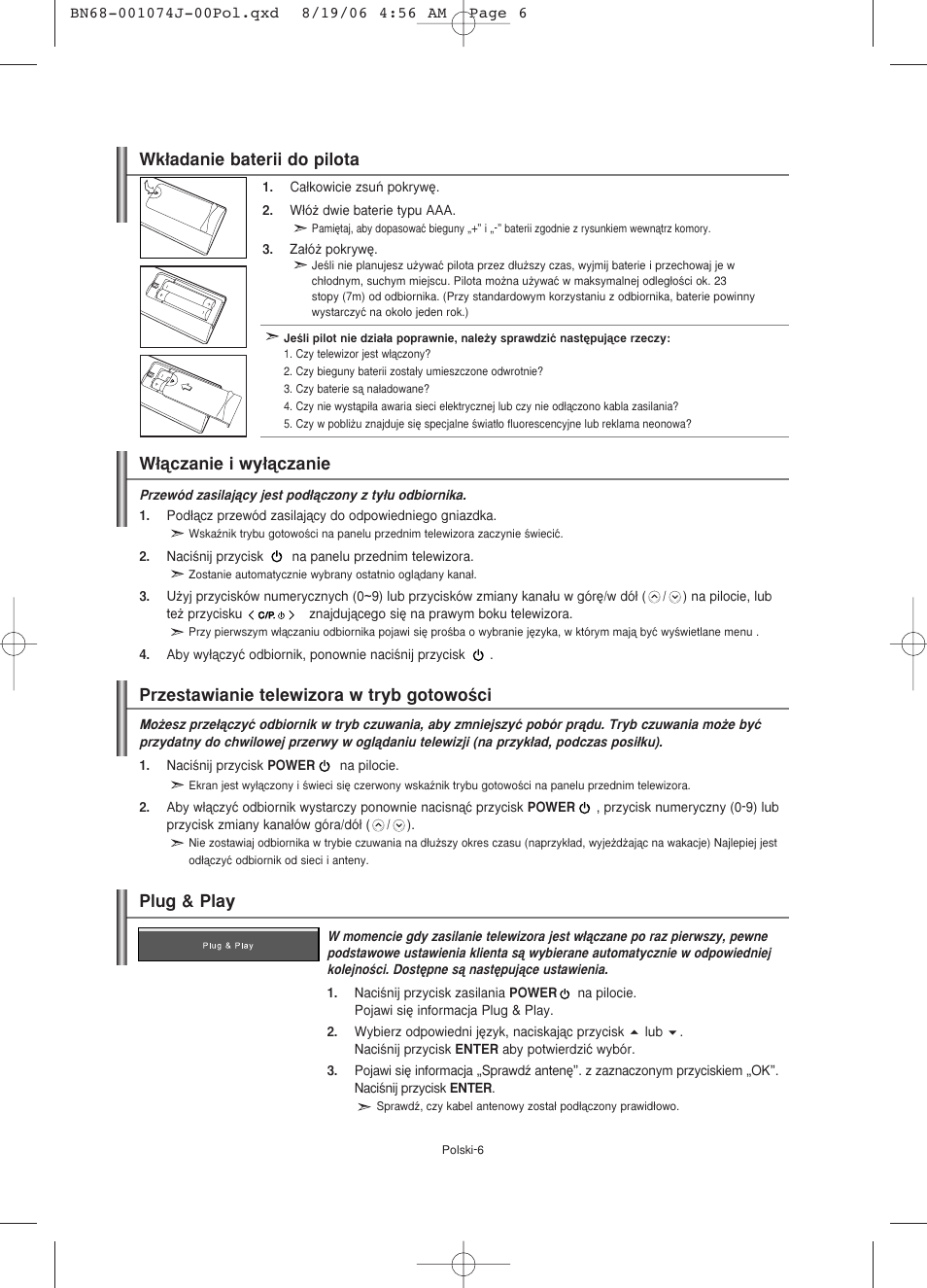 Plug & play, Wk∏adanie baterii do pilota | Samsung LE23R71W User Manual | Page 50 / 171