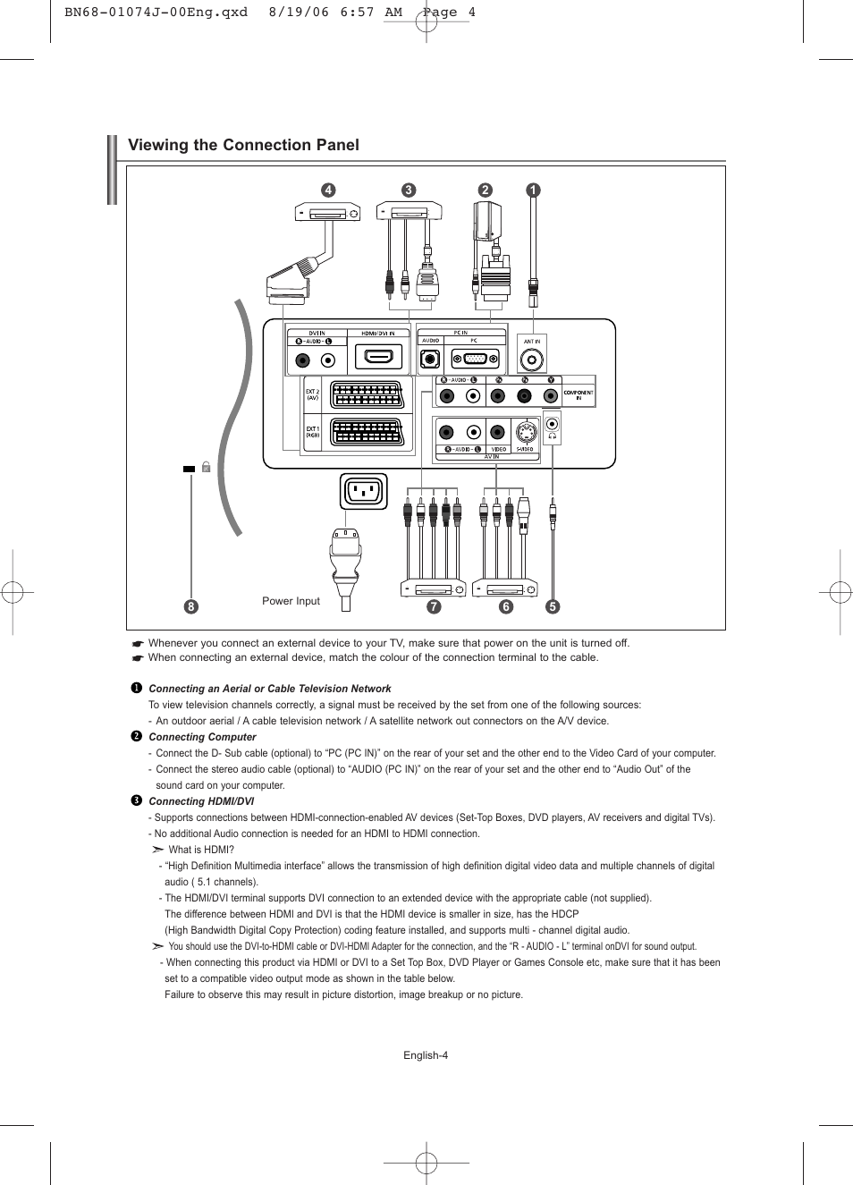 Viewing the connection panel | Samsung LE23R71W User Manual | Page 6 / 171
