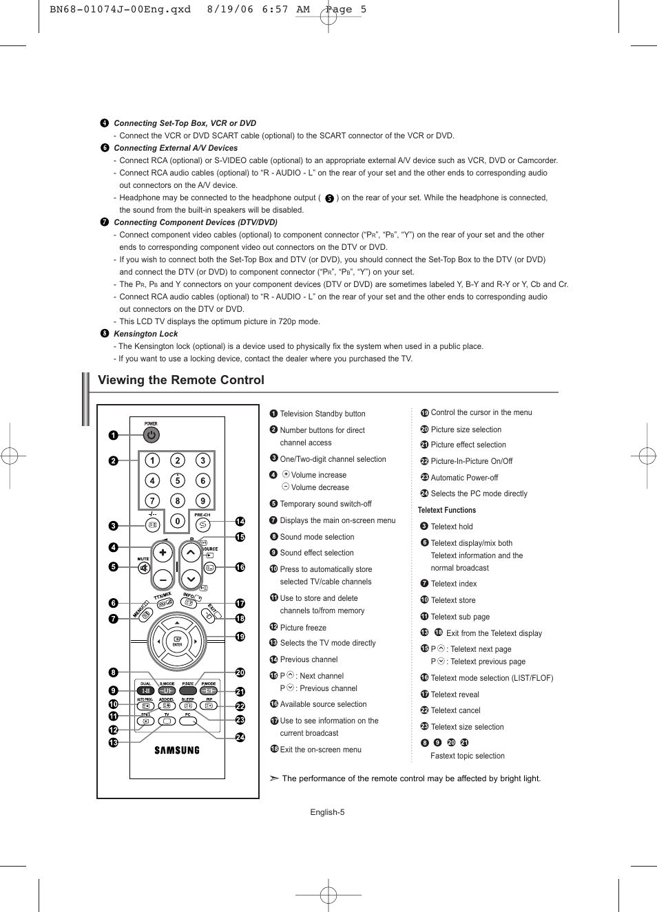 Viewing the remote control | Samsung LE23R71W User Manual | Page 7 / 171