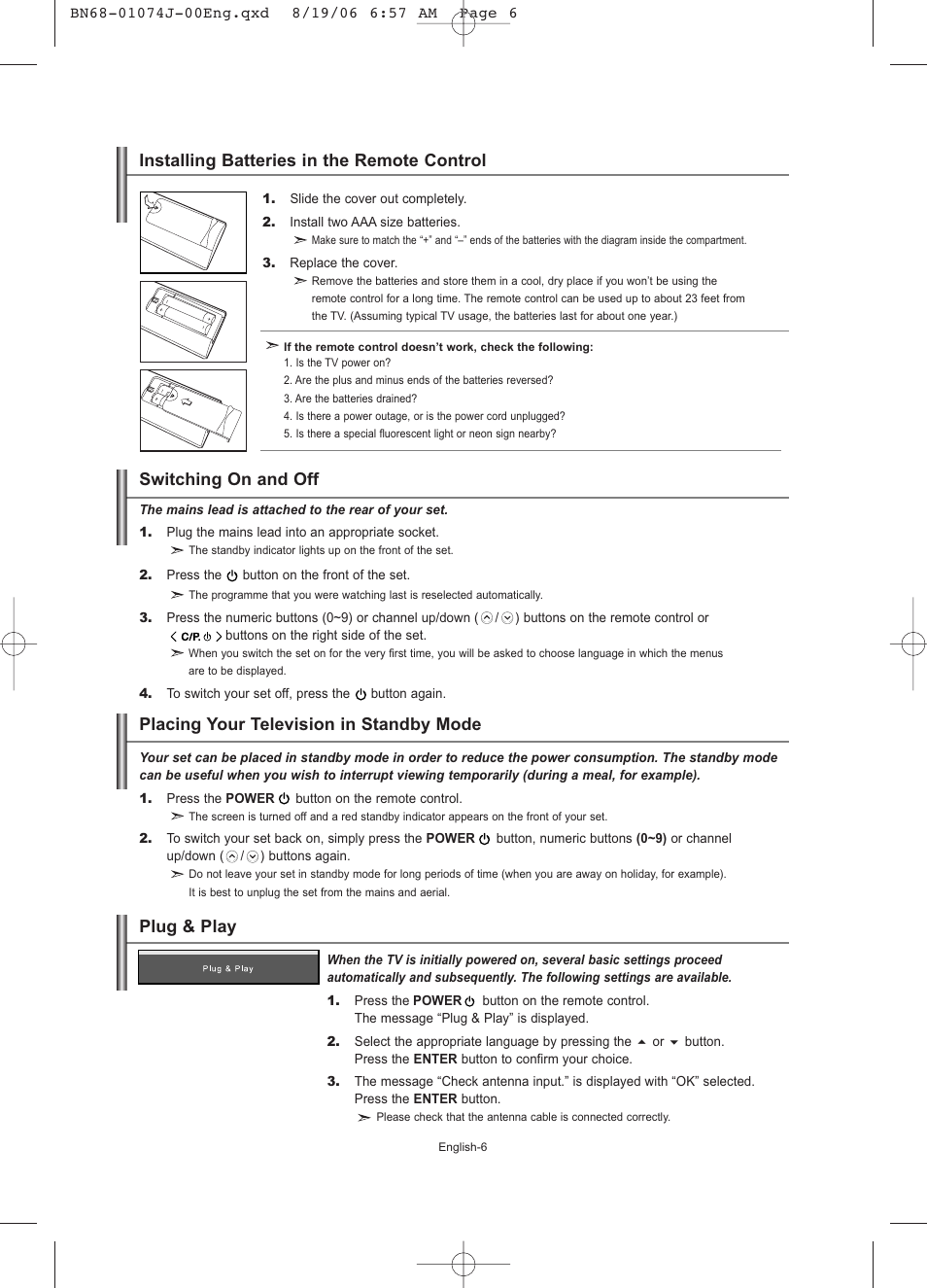 Installing batteries in the remote control, Switching on and off, Placing your television in standby mode | Plug & play | Samsung LE23R71W User Manual | Page 8 / 171