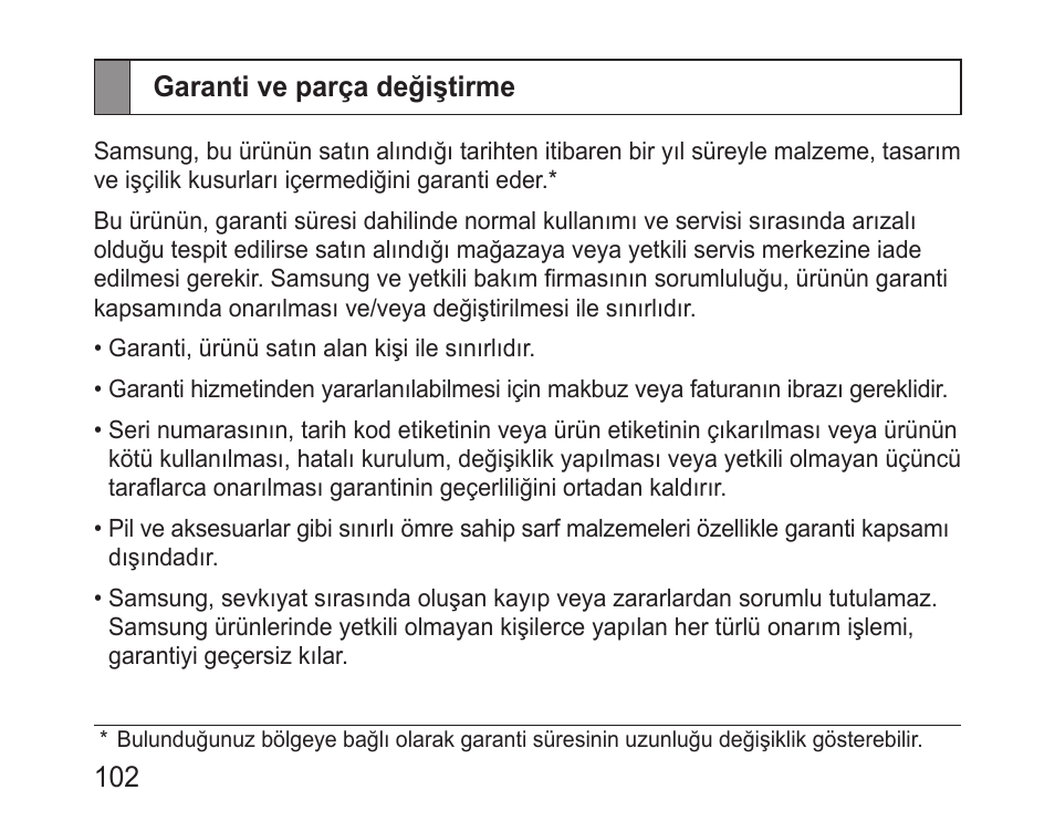 Garanti ve parça değiştirme | Samsung BHM3100 User Manual | Page 104 / 161