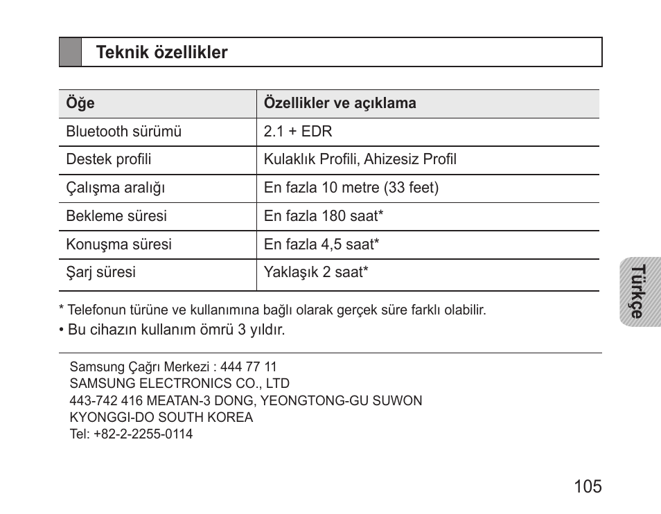 Teknik özellikler | Samsung BHM3100 User Manual | Page 107 / 161