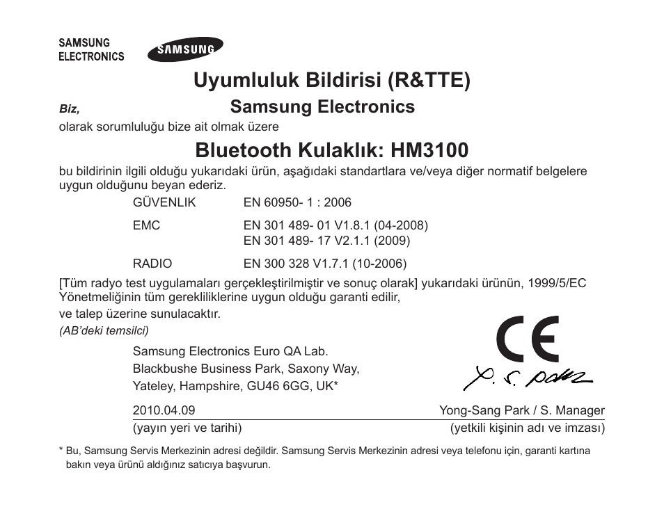 Uyumluluk bildirisi (r&tte), Bluetooth kulaklık: hm3100, Samsung electronics | Samsung BHM3100 User Manual | Page 108 / 161