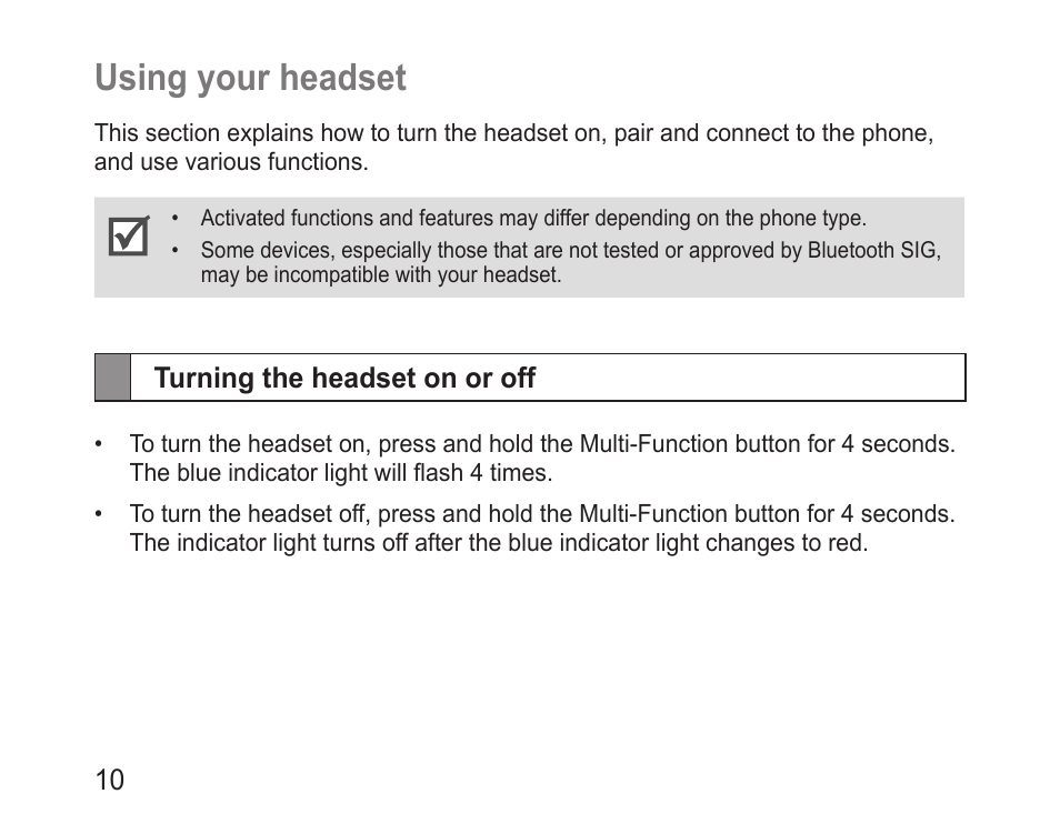 Using your headset, Turning the headset on or off | Samsung BHM3100 User Manual | Page 12 / 161