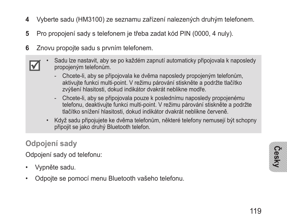 Česky 119, Odpojení sady | Samsung BHM3100 User Manual | Page 121 / 161