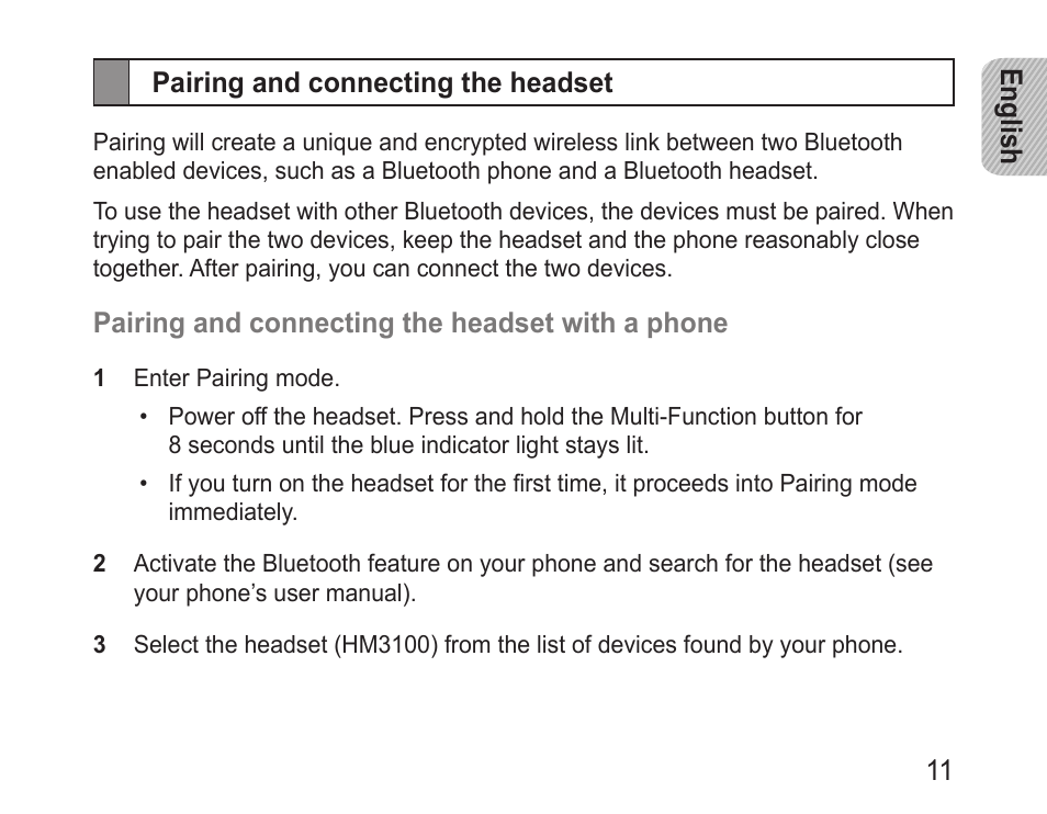Pairing and connecting the headset | Samsung BHM3100 User Manual | Page 13 / 161