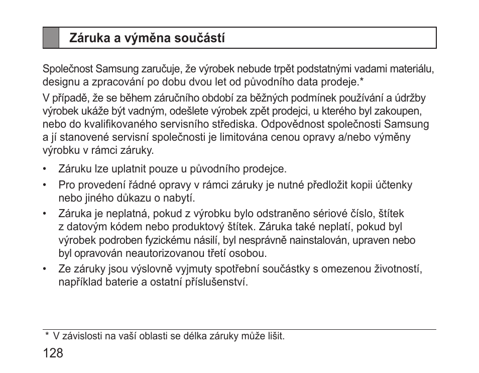 Záruka a výměna součástí | Samsung BHM3100 User Manual | Page 130 / 161