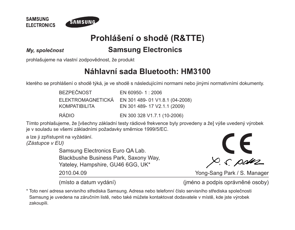 Prohlášení o shodě (r&tte), Náhlavní sada bluetooth: hm3100, Samsung electronics | Samsung BHM3100 User Manual | Page 134 / 161