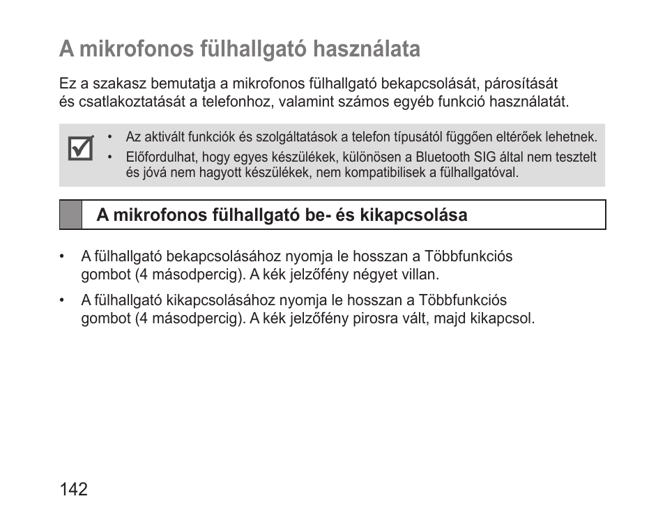 A mikrofonos fülhallgató használata, A mikrofonos fülhallgató be- és kikapcsolása | Samsung BHM3100 User Manual | Page 144 / 161